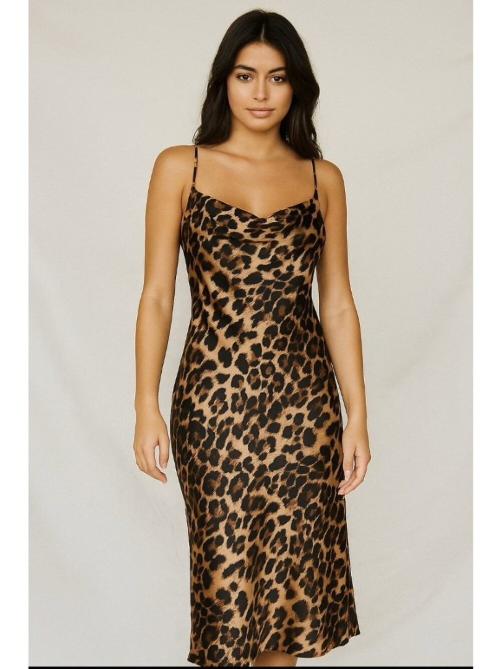 Astr Leopard-Print Midi Slip Dress in Brown and Black
